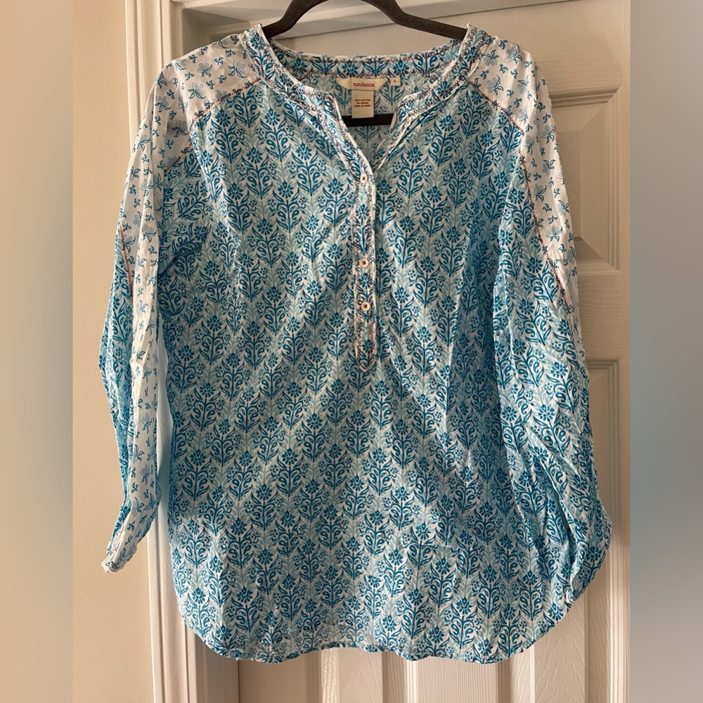 Sundance Blue and White Block Print Henley Top